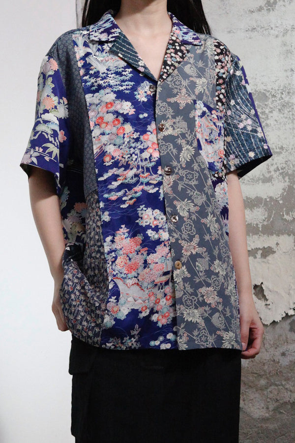 AVIVA JIFEI XUE Retro Kimono Patch Short Sleeve Shirt CO-KPSS-BLU (10) PAJX1